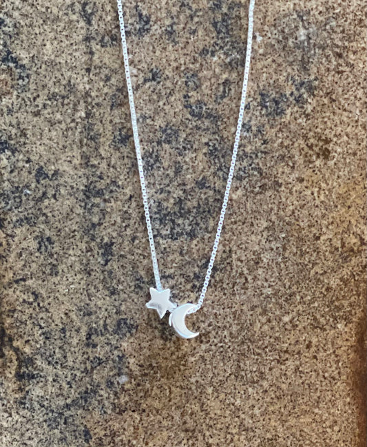 .925 Sterling Silver Moon and Star Necklace