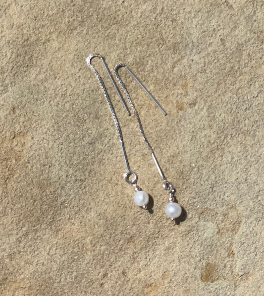 .925 Sterling Silver Threaded Drop Chain Earrings with Freshwater Pearl