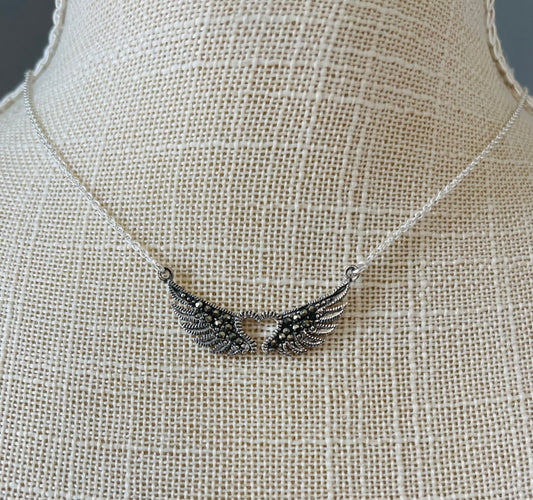 .925 Sterling Silver Marcasite Heart with Wings Necklace