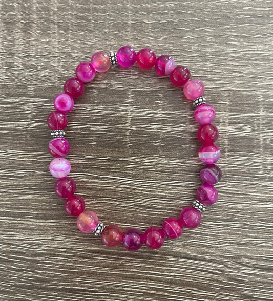 Deep Pink Agate Bracelet with .925 Sterling Silver Beads