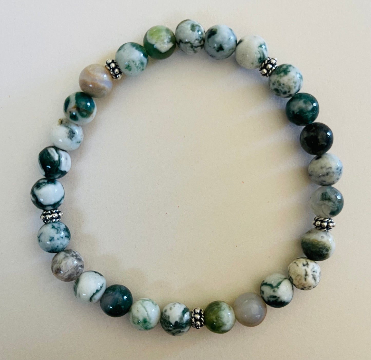 Moss Agate Bracelet with .925 Sterling Silver Beads Media 1 of 1