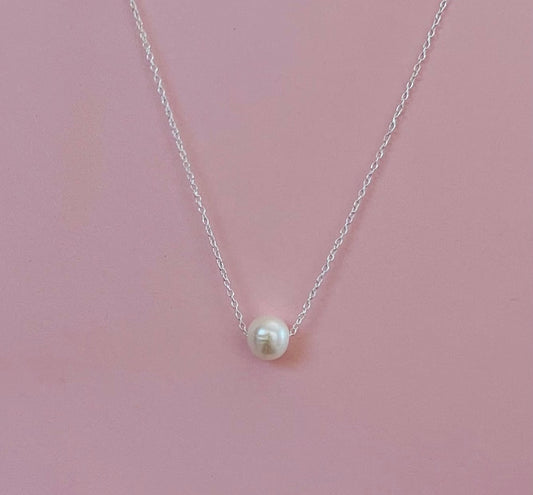 Floating Fresh Water White Pearl Necklace on .925 Sterling Silver Chain