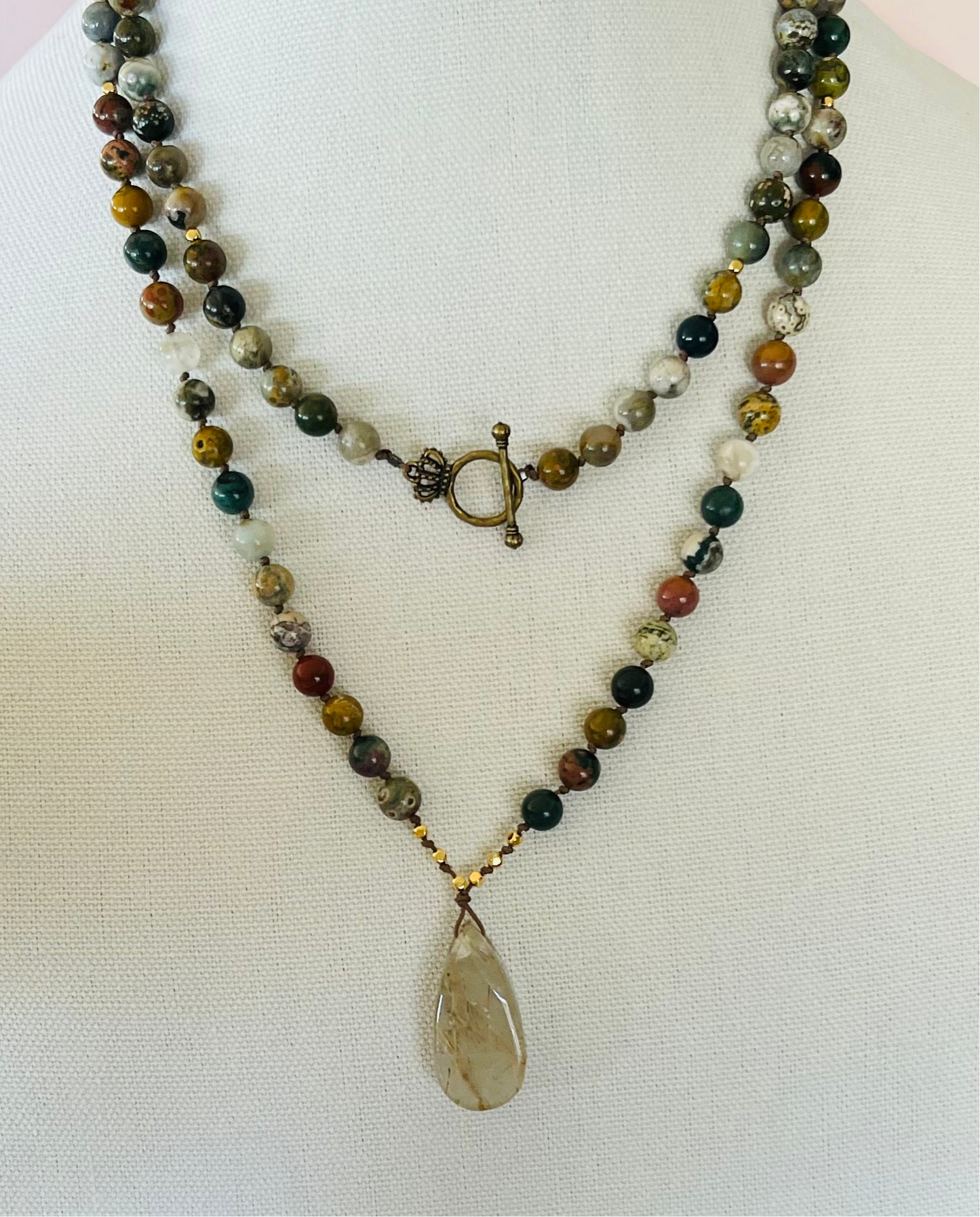 Ocean Jasper Mala Style Necklace with Sagenite Agate Pendant Media 1 of 5