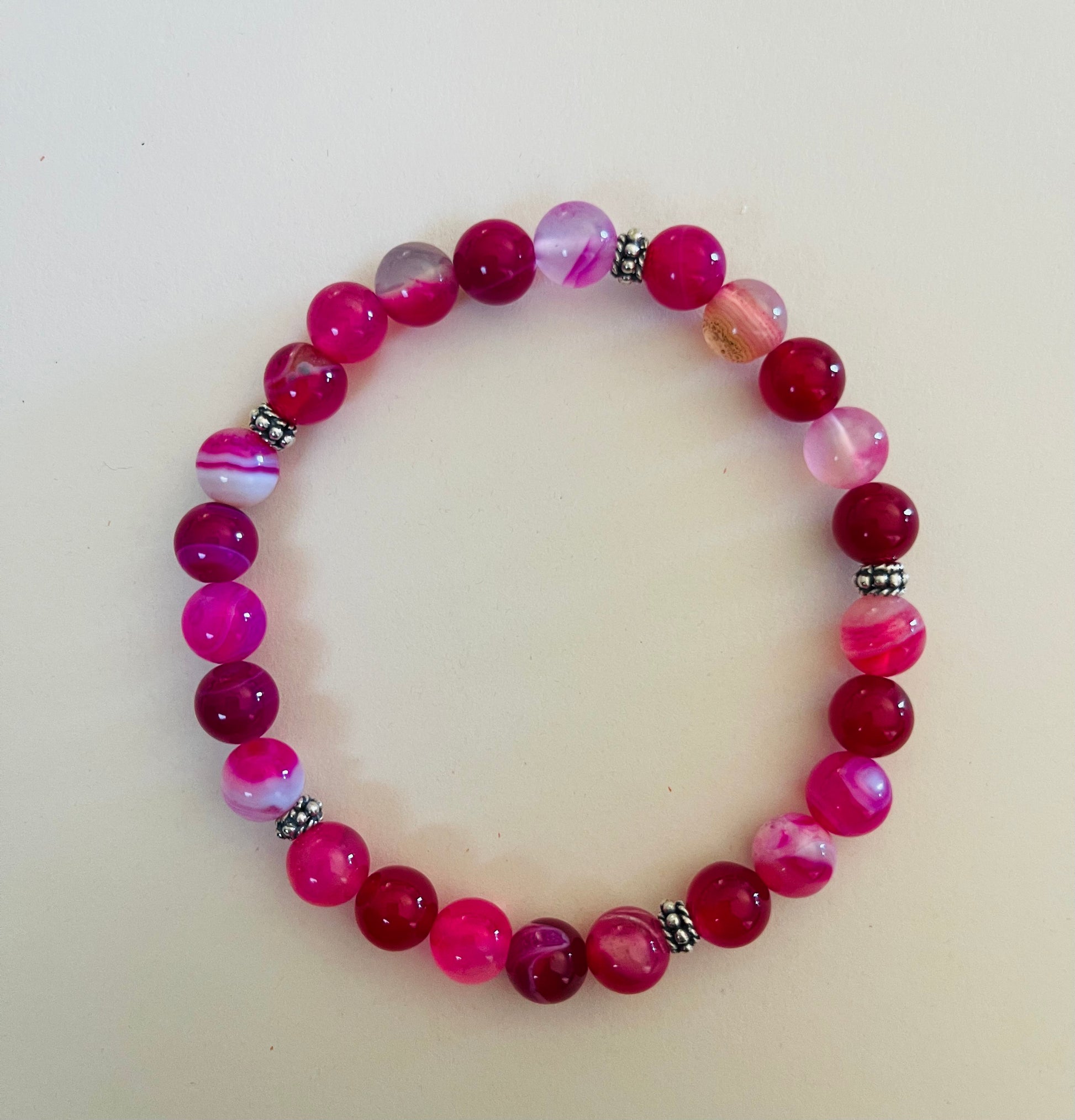 Deep Pink Agate Bracelet with .925 Sterling Silver Beads Media 1 of 1