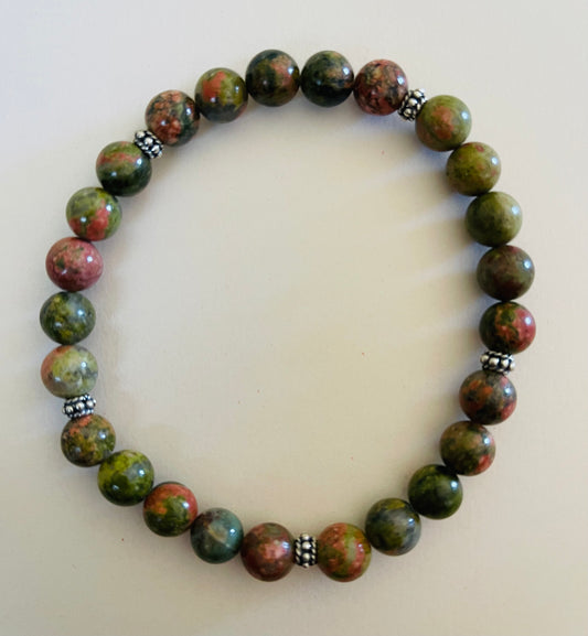 Unakite Jasper Bracelet with .925 Sterling Silver Beads