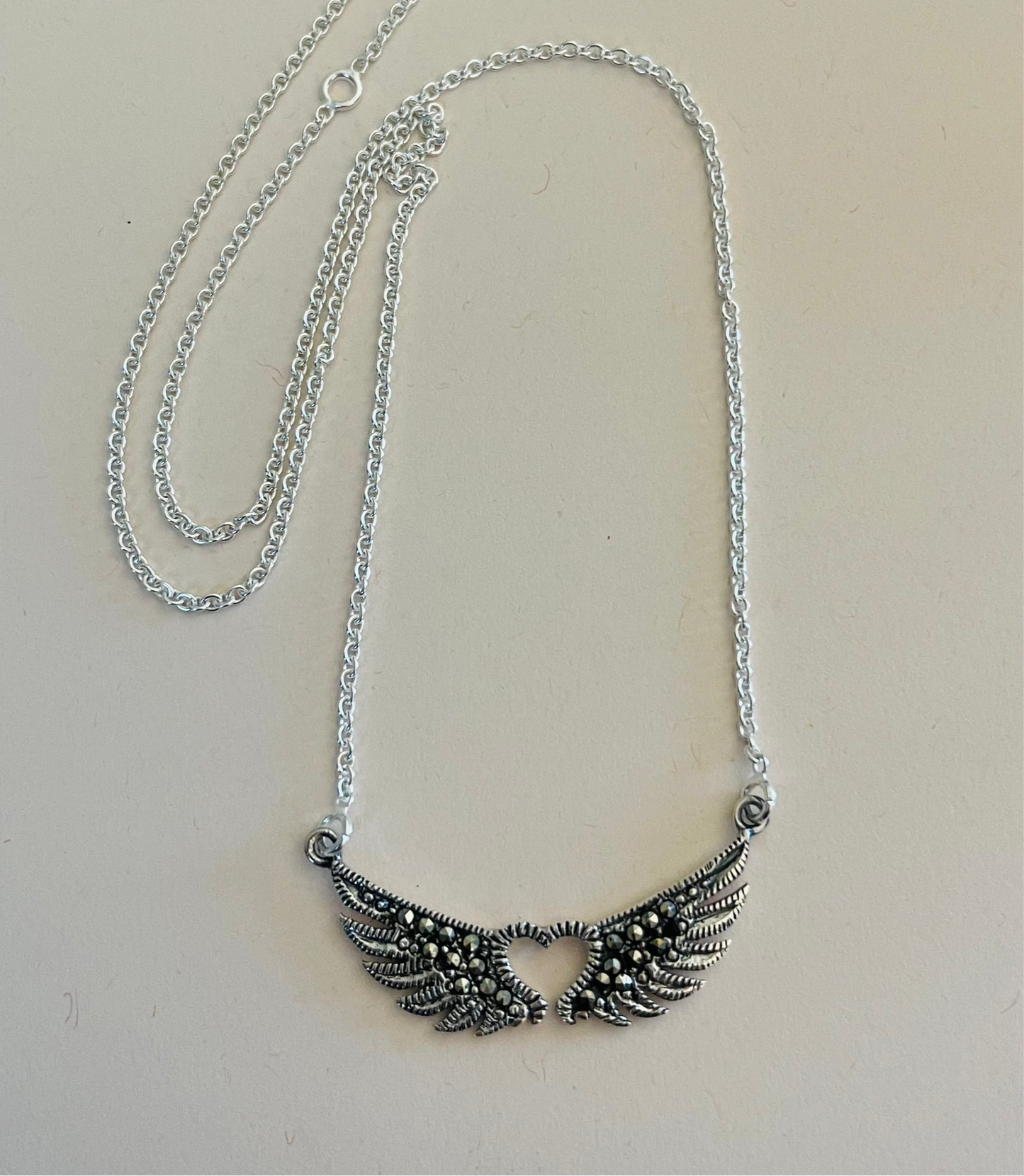 Heart with Wings Marcasite and Sterling Silver Necklace Media 1 of 1