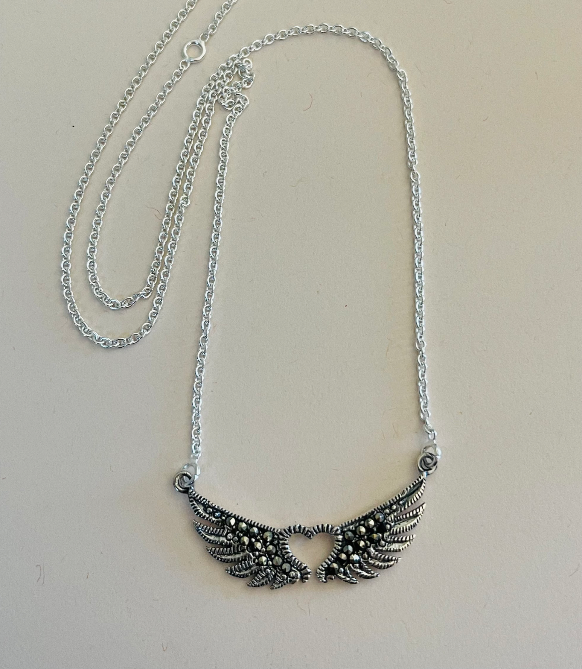 Heart with Wings Marcasite and Sterling Silver Necklace Media 1 of 1