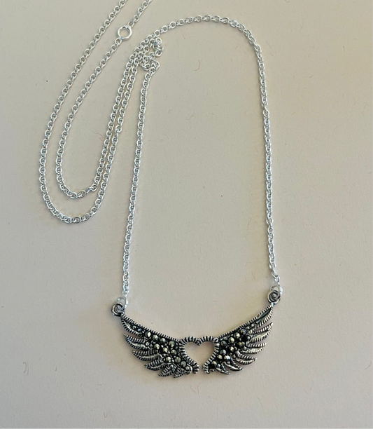 Heart with Wings Marcasite and Sterling Silver Necklace Media 1 of 1