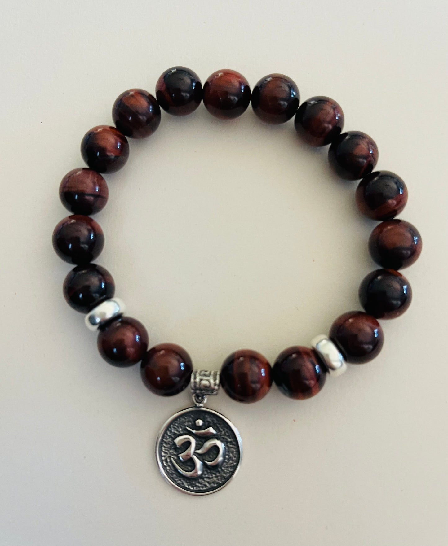 Red Tiger Eye Bracelet with .925 Sterling Silver Om Pendant Media 1 of 1