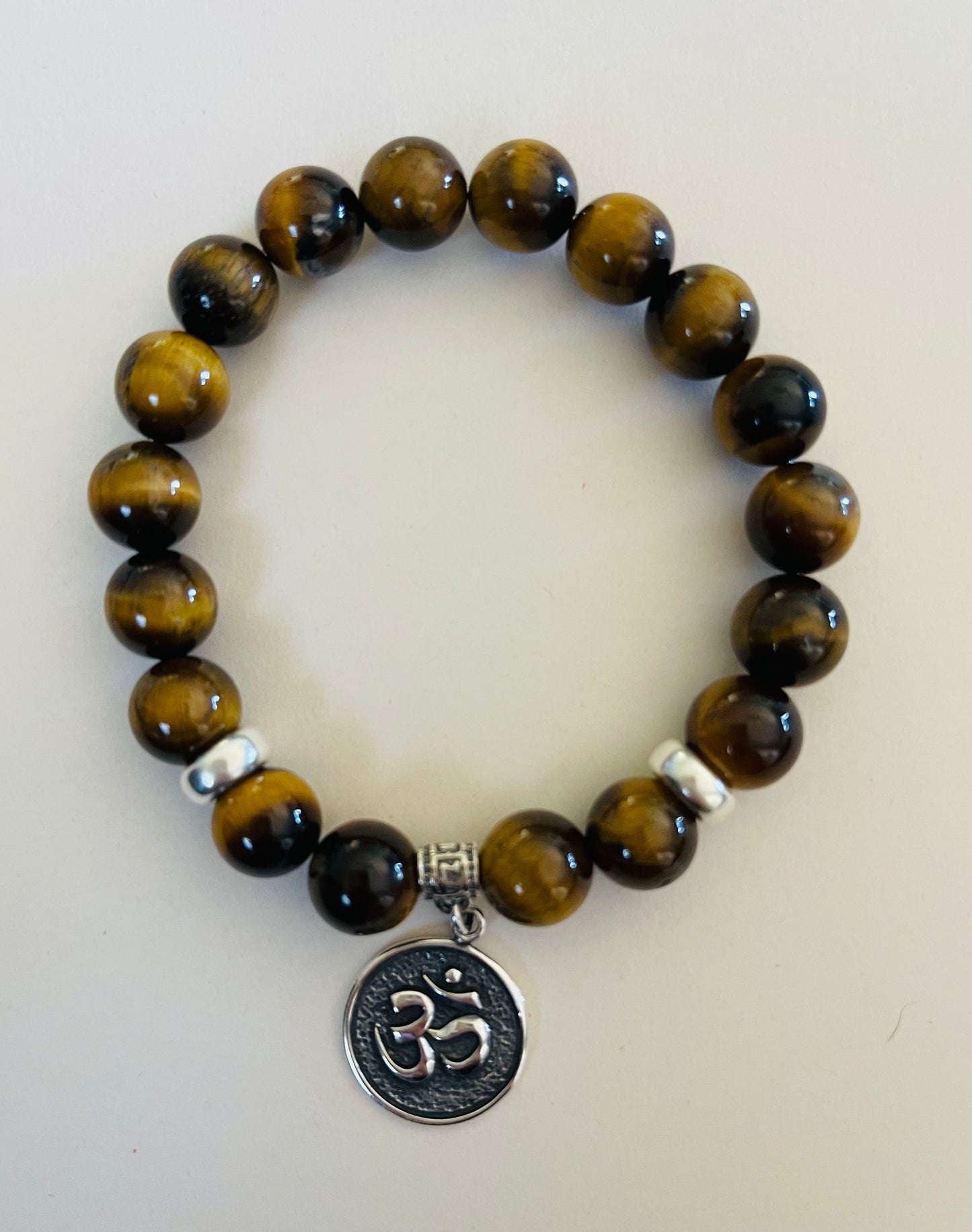 Tiger Eye Bracelet with .925 Sterling Silver Om Pendant