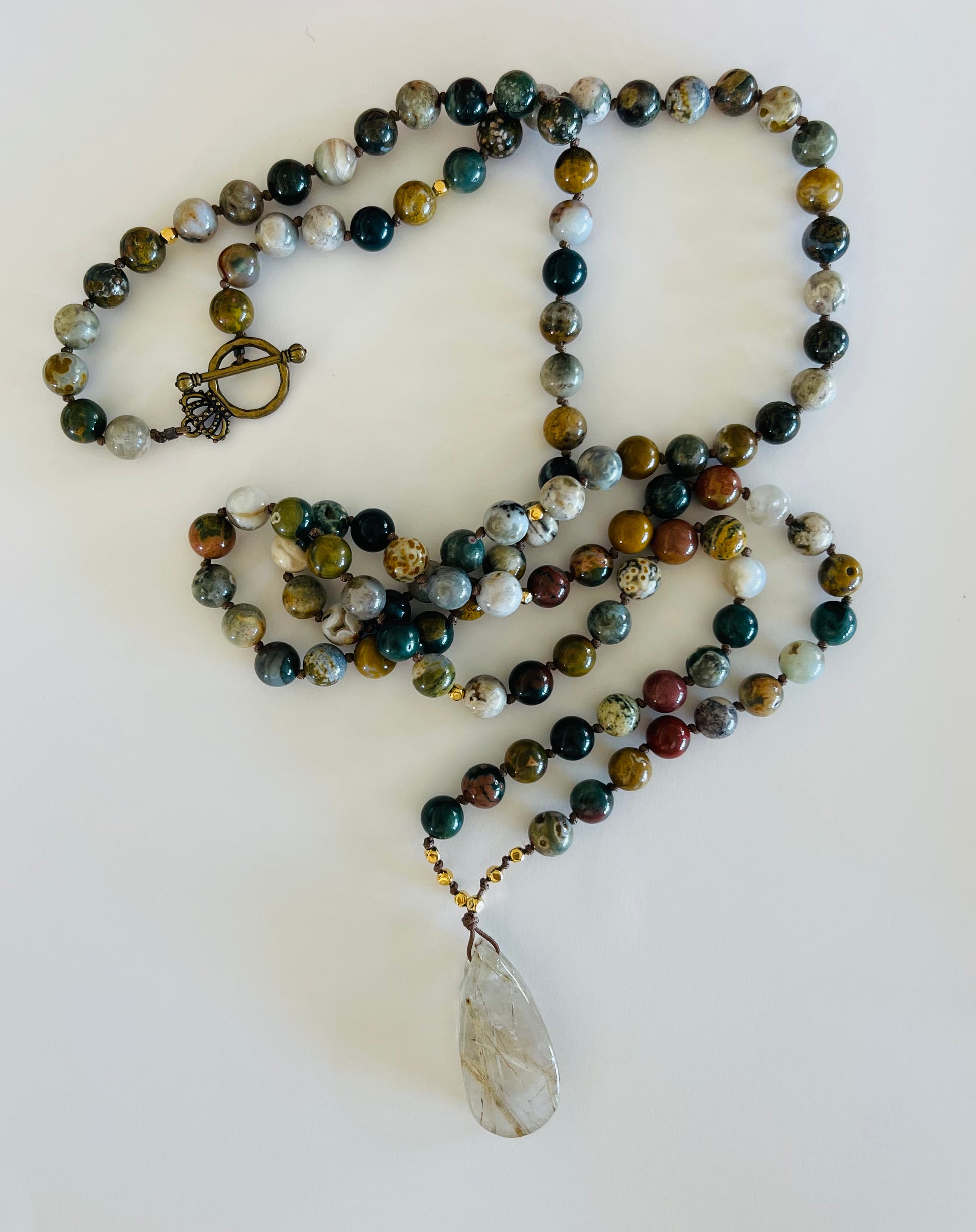 Ocean Jasper Mala Style Necklace with Sagenite Agate Pendant Media 2 of 5