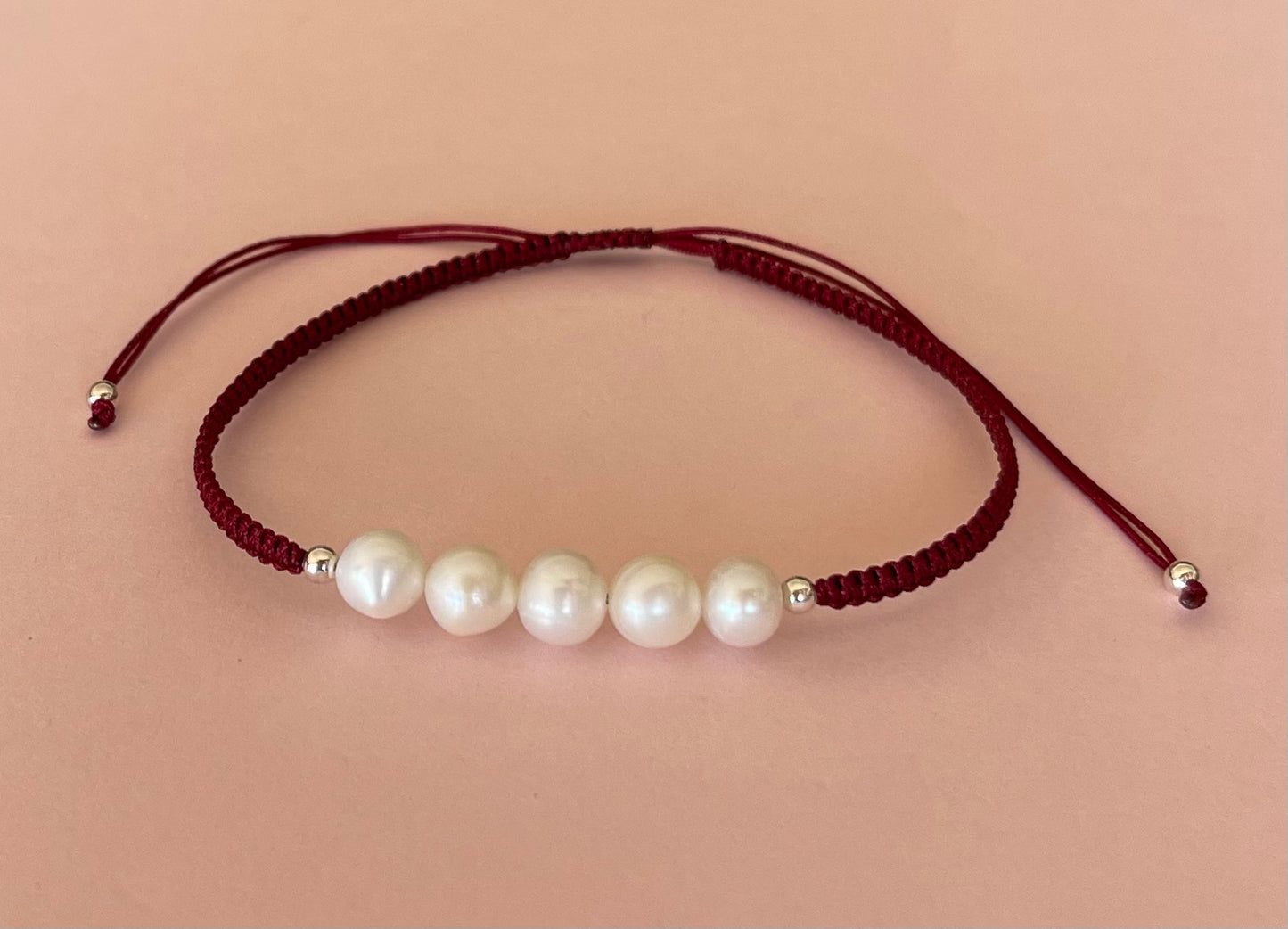 Five White Fresh Water Pearls on Adjustable Cord Bracelet Red Media 8 of 9