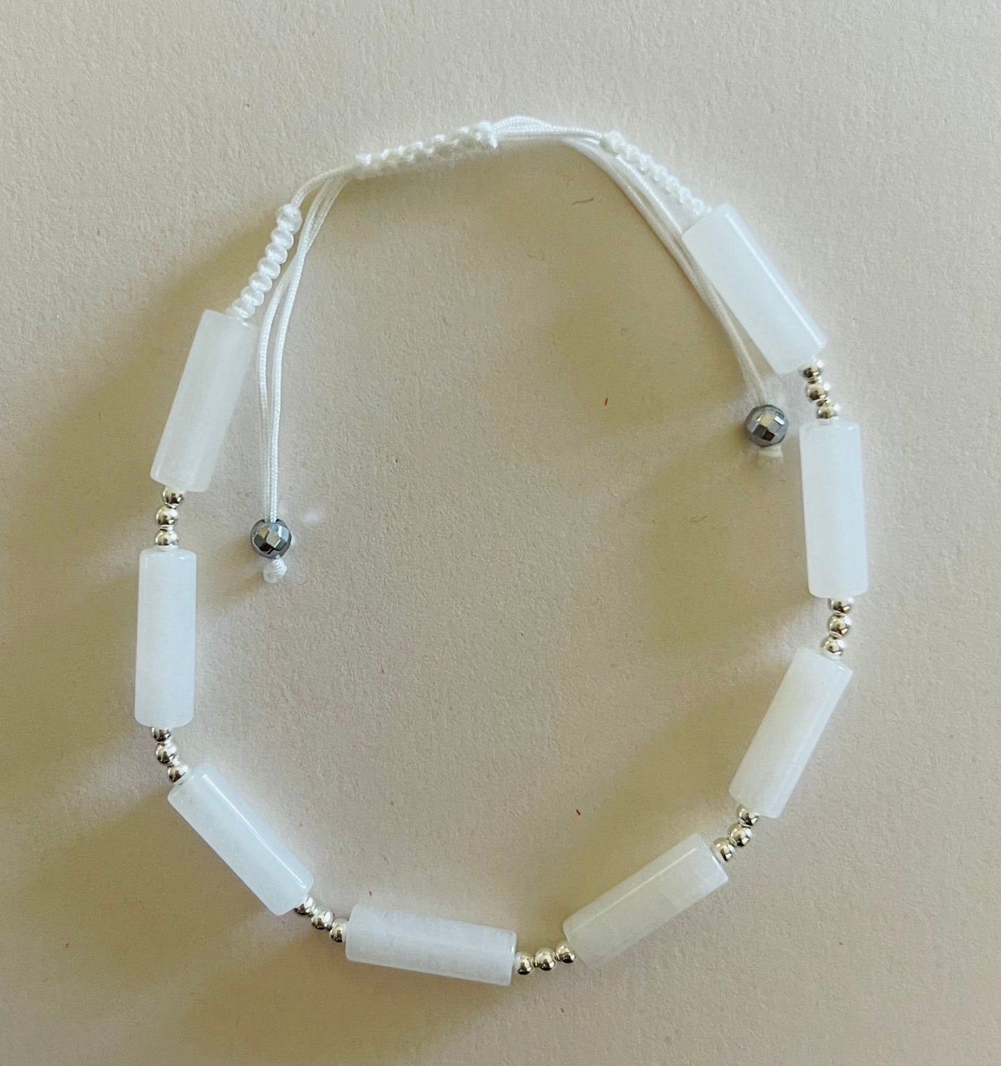 White Jade Tube Bead Bracelet with Sterling Silver Beads Media 2 of 4