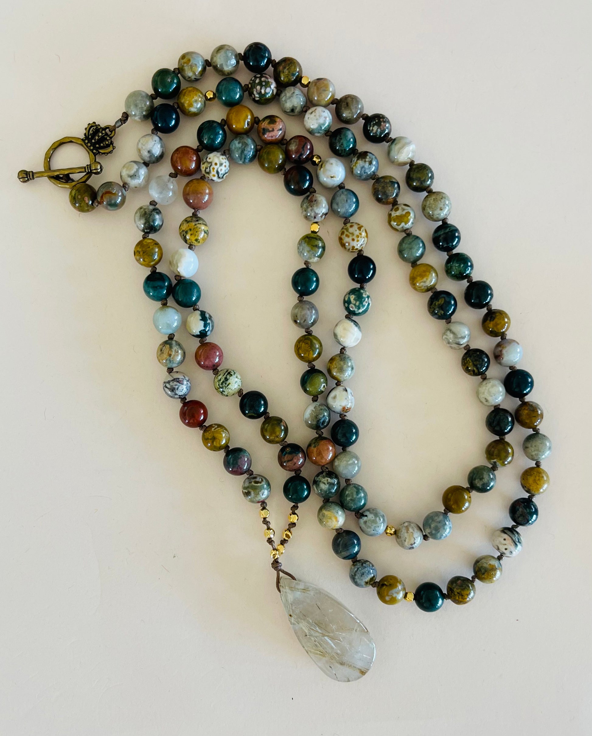 Ocean Jasper Mala Style Necklace with Sagenite Agate Pendant Media 5 of 5