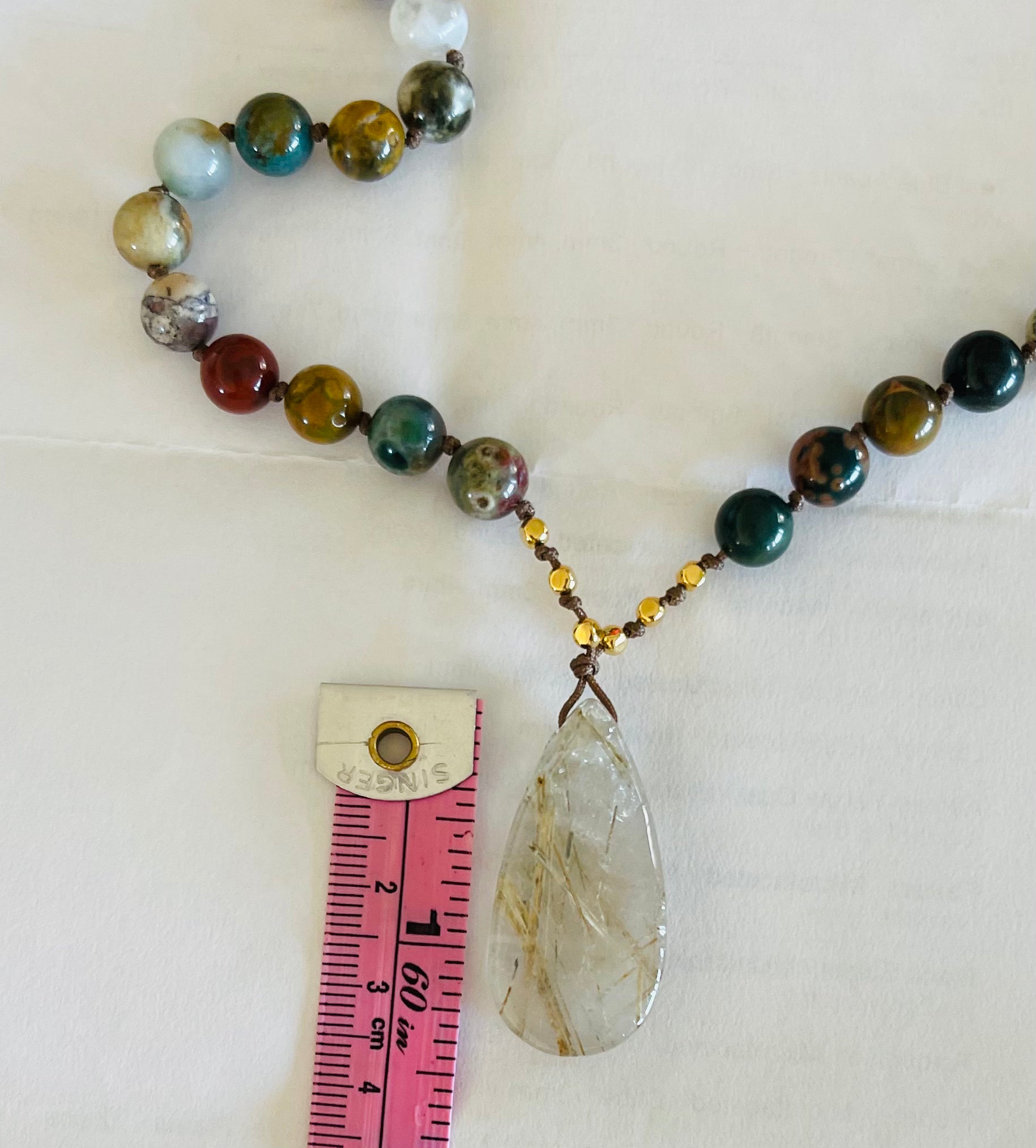 Ocean Jasper Mala Style Necklace with Sagenite Agate Pendant Media 3 of 5