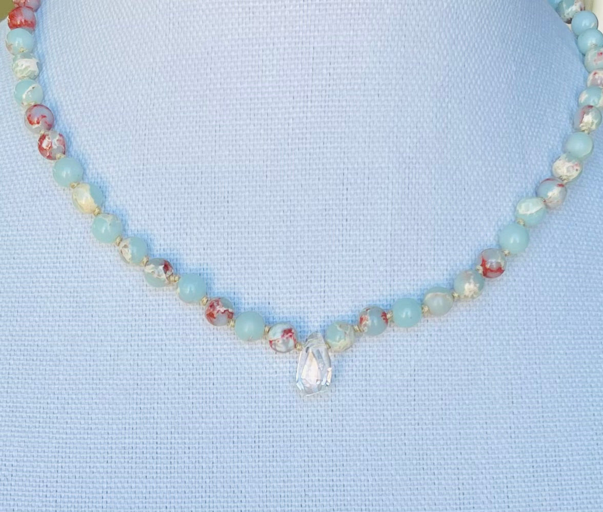 Arctic Blue Imperial Jasper with Herkimer Diamond Quartz Necklace