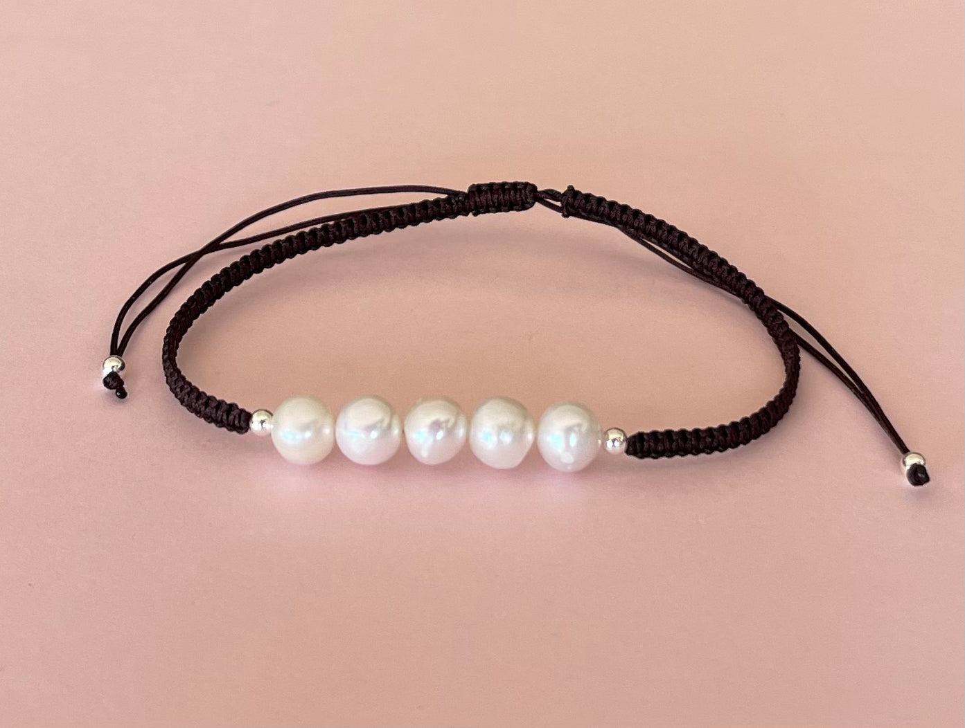 Five White Fresh Water Pearls on Adjustable Cord Bracelet Saddle Brown Media 6  of 9