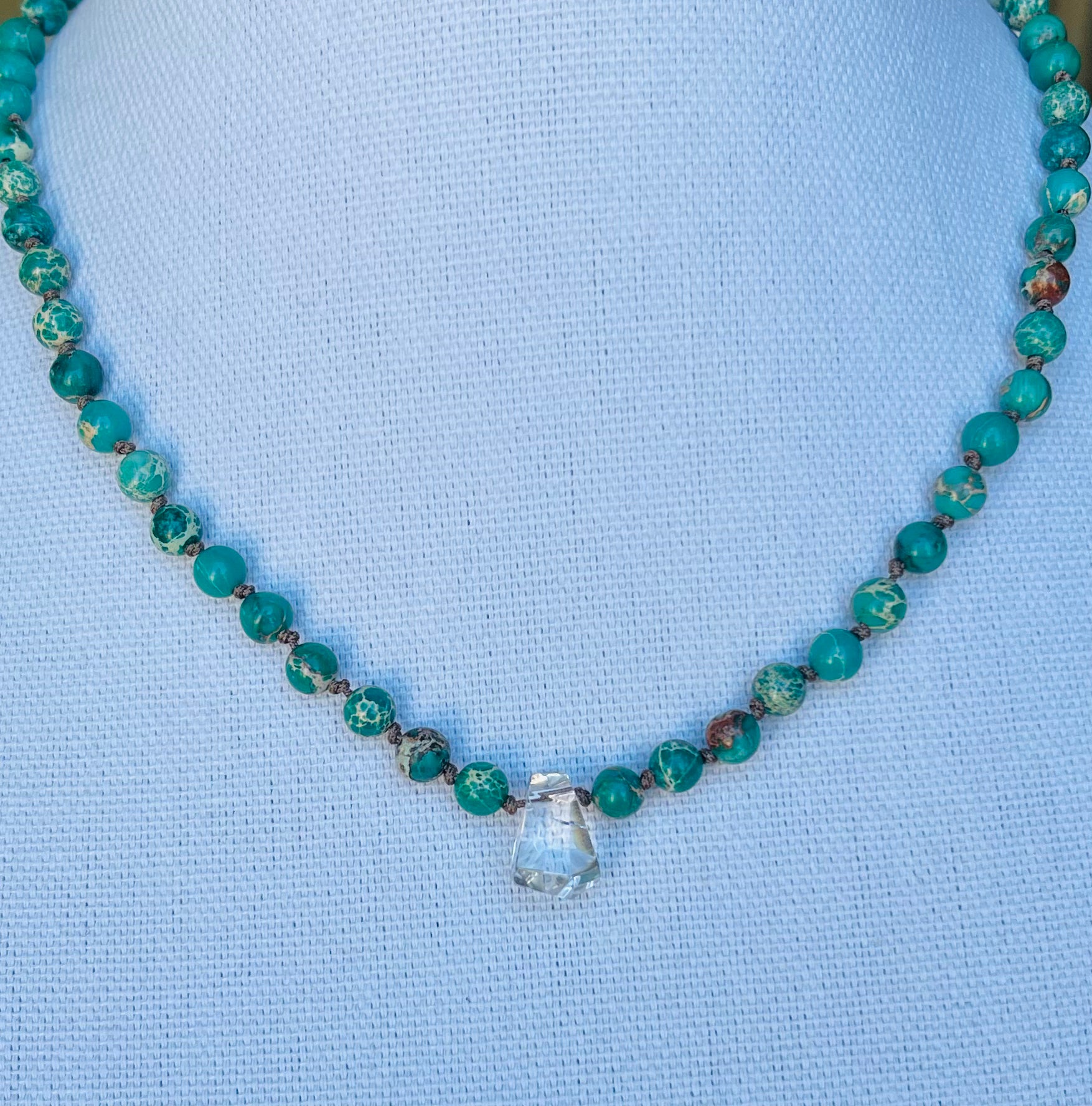 Aqua Terra Jasper Green Necklace with Hwekiner Diamond Quartz Focal