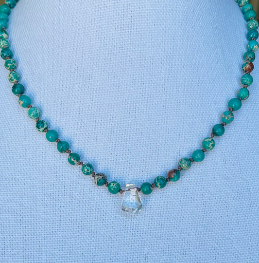 Aqua Terra Jasper Green Necklace with Hwekiner Diamond Quartz Focal