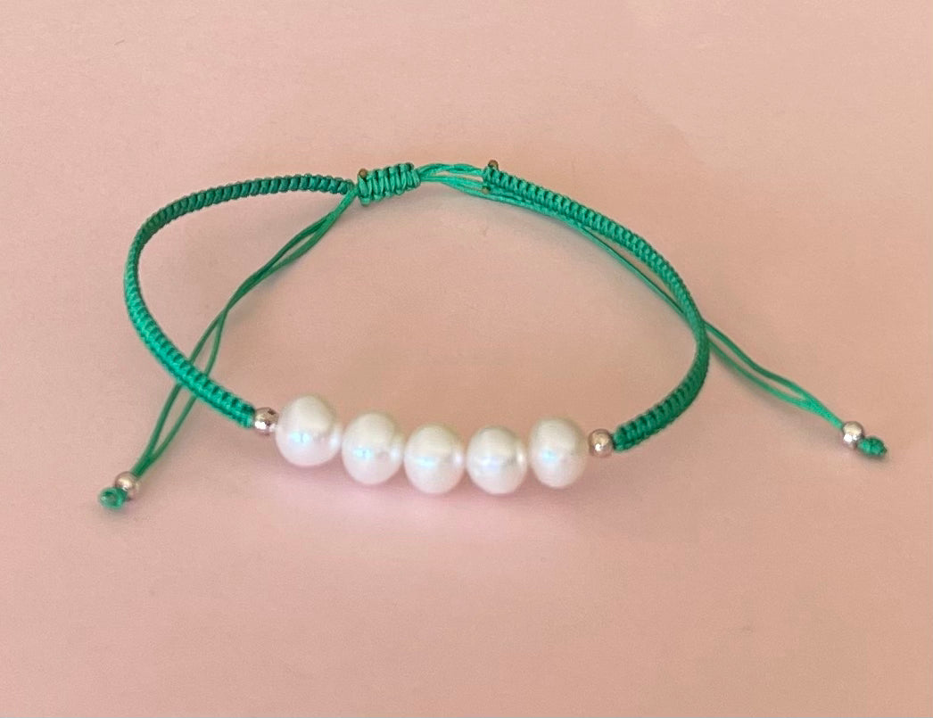 Five White Fresh Water Pearls on Adjustable Cord Bracelet Green Media 2 of 9