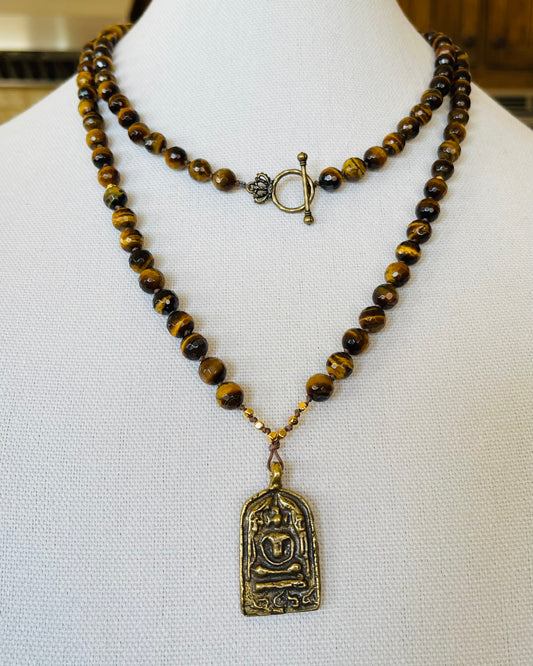 Tiger Eye Mala Style Necklace with Sitting Buddha Amulet Media 1 of 4