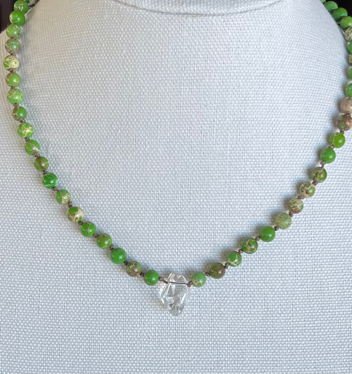 Aqua Terra Jasper Grass Green Necklace with Herkimer Diamond Quartz Focal