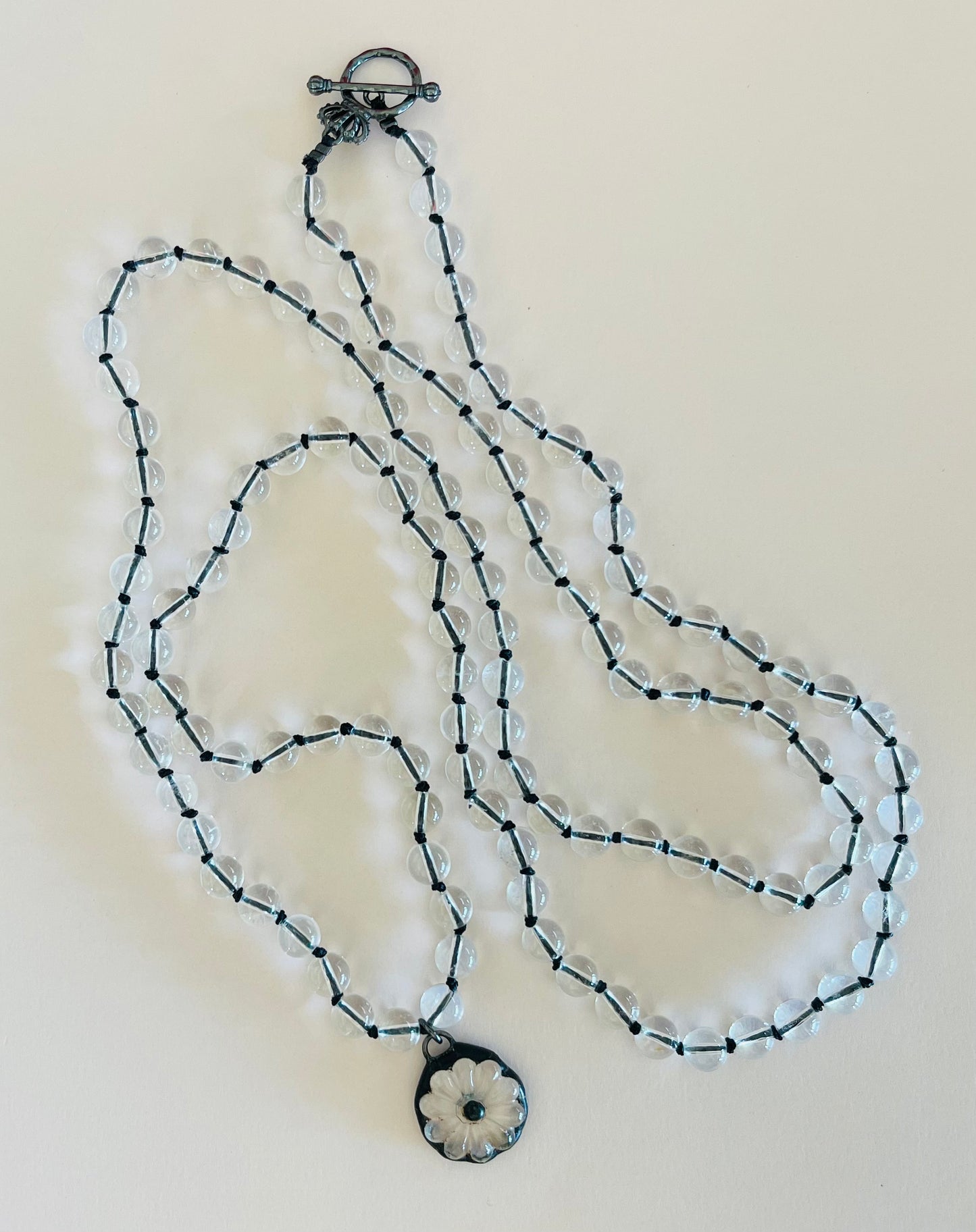 Clear Quartz Crystal Mala Style Necklace with Antique Vintage Flower Pendant Full  Media 4 of 7