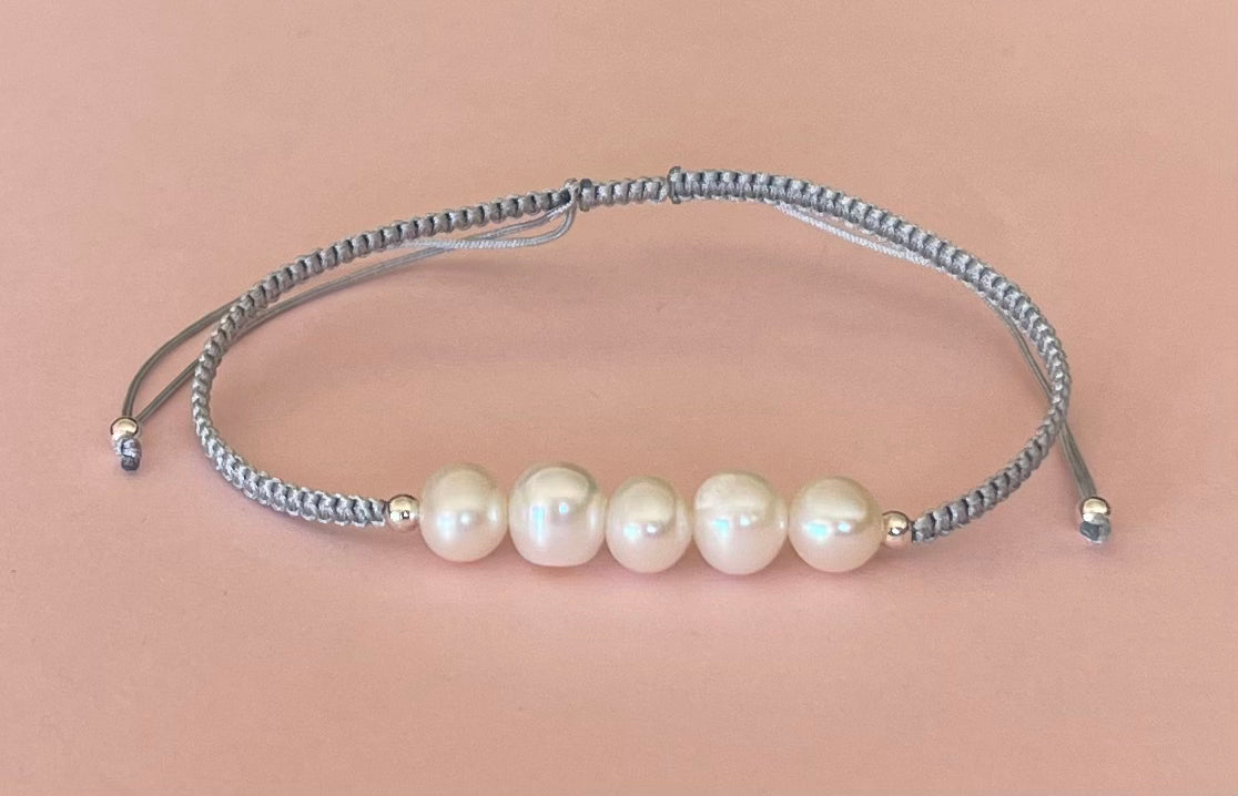 Five White Fresh Water Pearls on Adjustable Cord Bracelet Gray Media 5 of 9