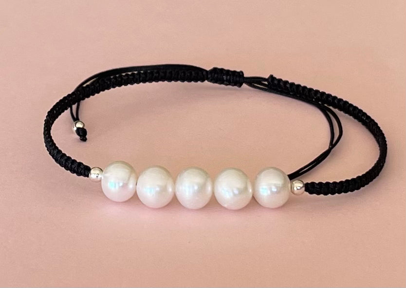 Five White Fresh Water Pearls on Adjustable Cord Bracelet Black Media 3 of 9