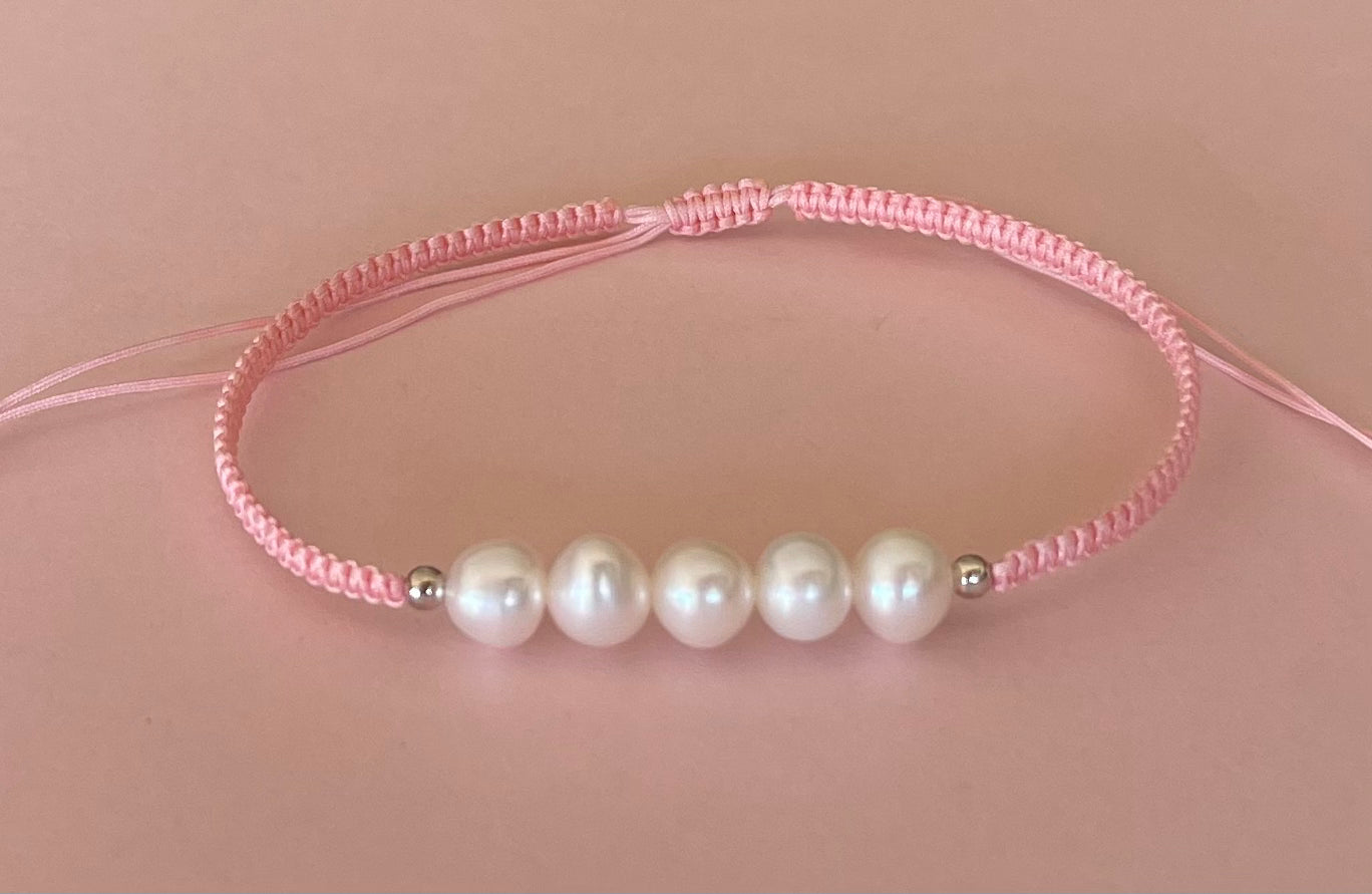 Five White Fresh Water Pearls on Adjustable Cord Bracelet Pink Media 9 of 9