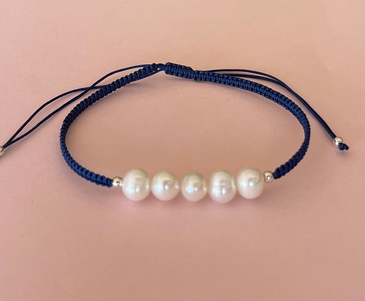 Five White Fresh Water Pearls on Adjustable Cord Bracelet Dark Blue Media 7 of 9