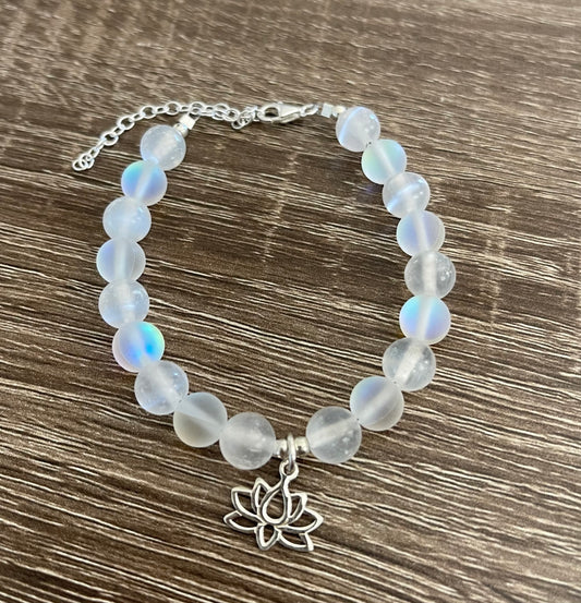 Matte White Aura Quartz with .925 Sterling Silver Lotus Flower Charm Bracelet Media 1 of 1